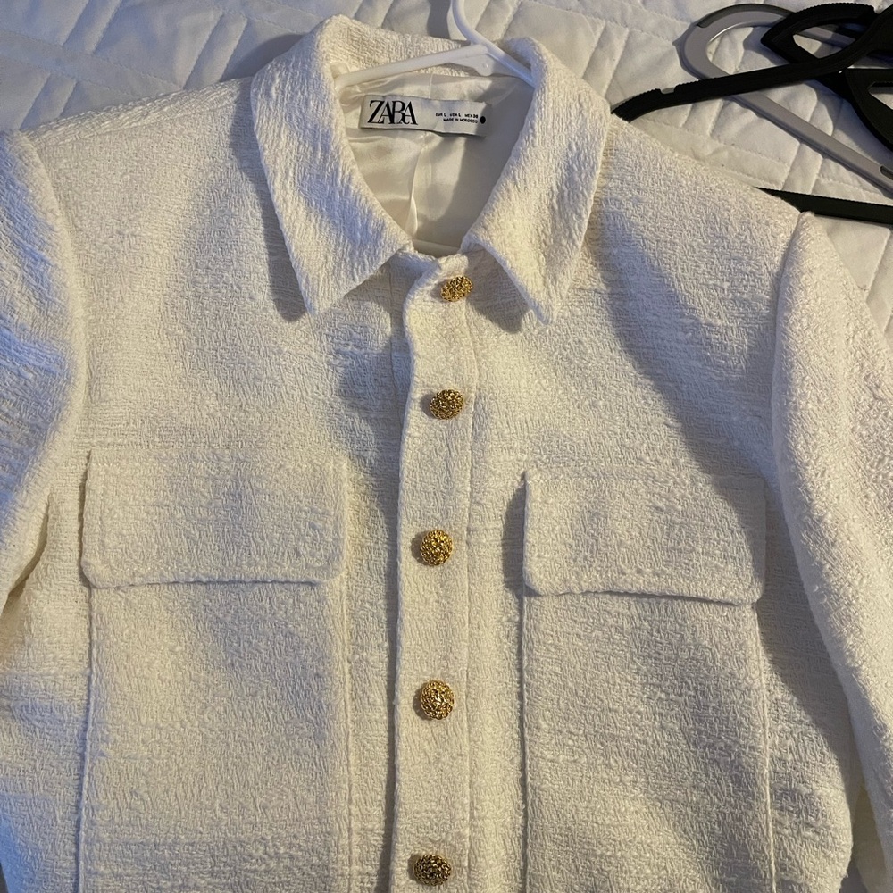 Zara Women's Textured Cream Blazer with Gold Accents